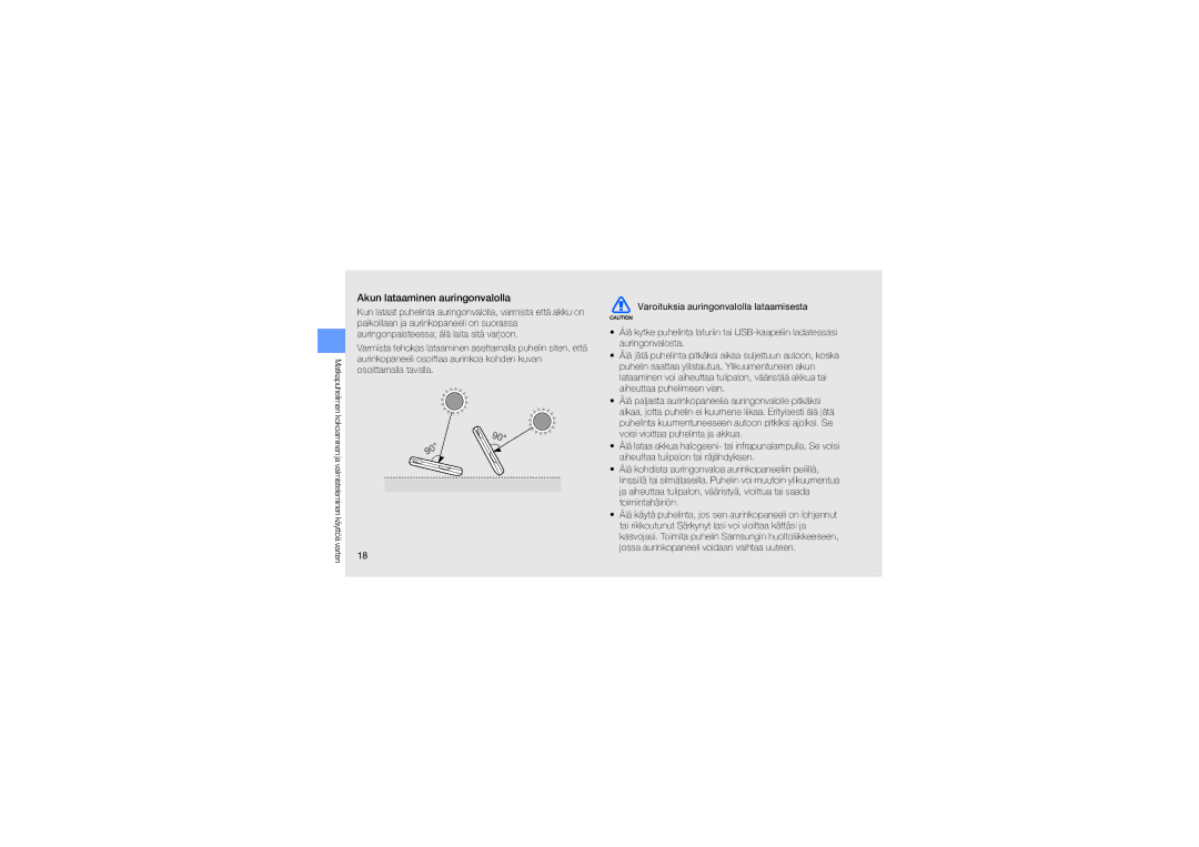 Samsung GT-S7550EBAXEE manual Akun lataaminen auringonvalolla 