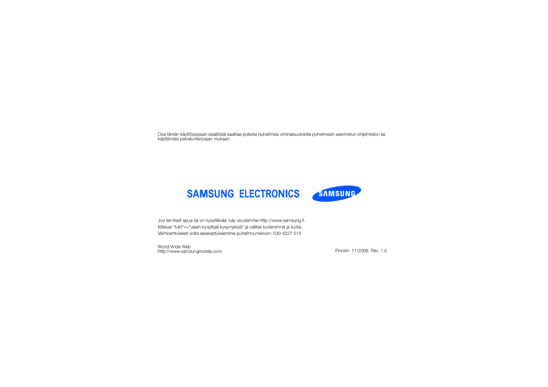 Samsung GT-S7550EBAXEE manual Finnish /2009. Rev 