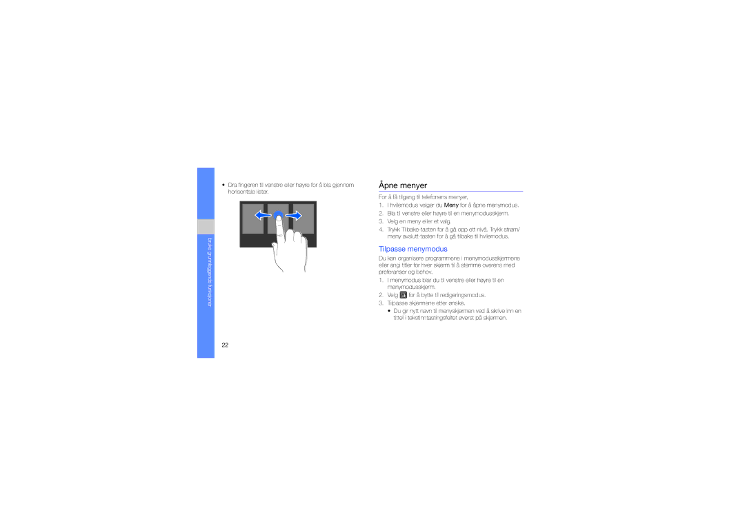 Samsung GT-S7550EBAXEE manual Åpne menyer, Tilpasse menymodus 