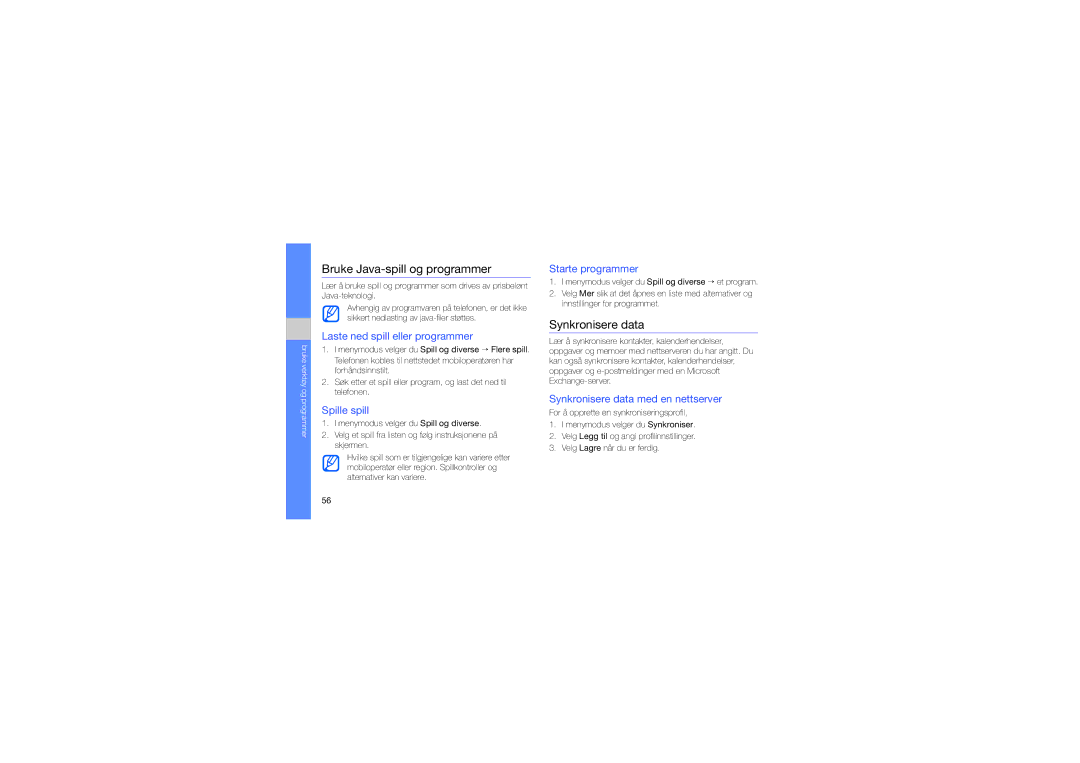 Samsung GT-S7550EBAXEE manual Bruke Java-spill og programmer, Synkronisere data 