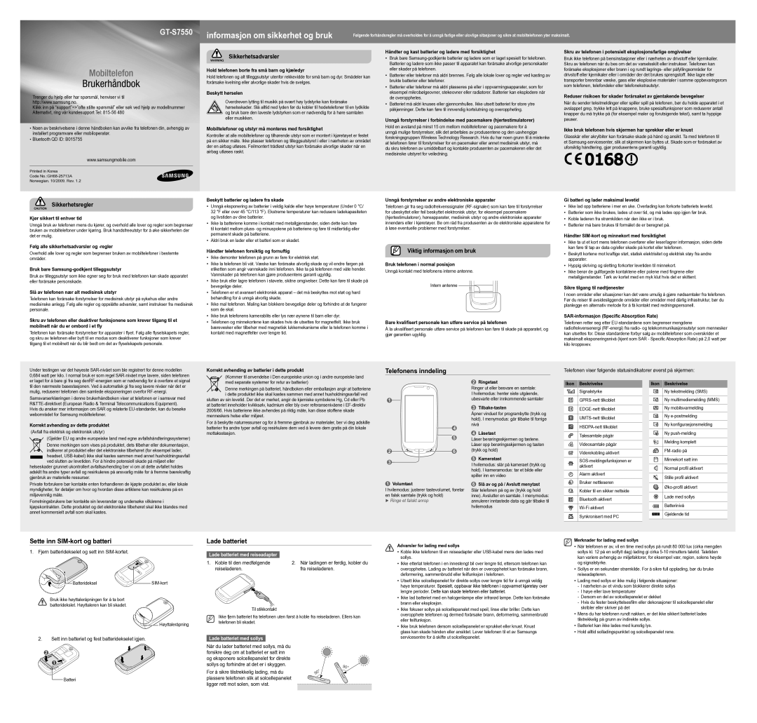 Samsung GT-S7550EBAXEE manual Telefonens inndeling, Sette inn SIM-kort og batteri Lade batteriet 