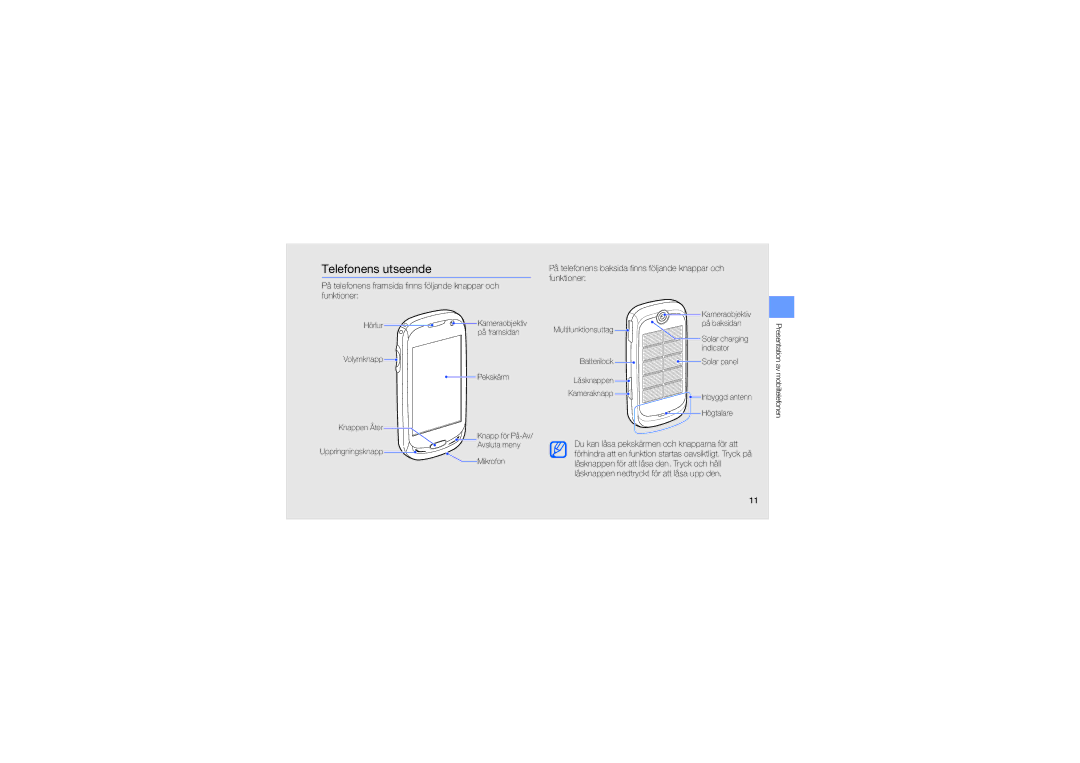 Samsung GT-S7550EBAXEE manual Telefonens utseende, På telefonens baksida finns följande knappar och funktioner 