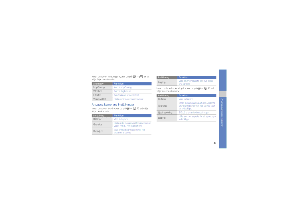 Samsung GT-S7550EBAXEE manual Anpassa kamerans inställningar 
