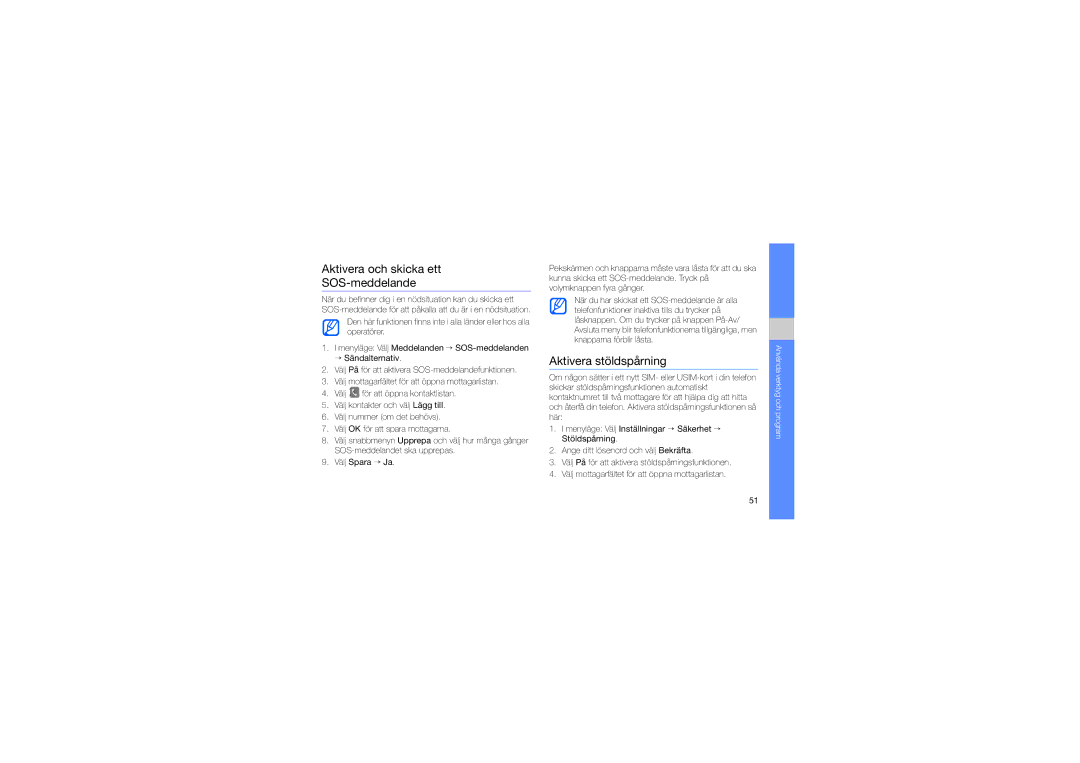 Samsung GT-S7550EBAXEE manual Aktivera och skicka ett SOS-meddelande, Aktivera stöldspårning 