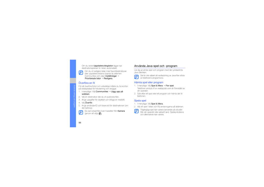 Samsung GT-S7550EBAXEE manual Använda Java-spel och -program, Överföra en fil, Hämta spel eller program, Spela spel 