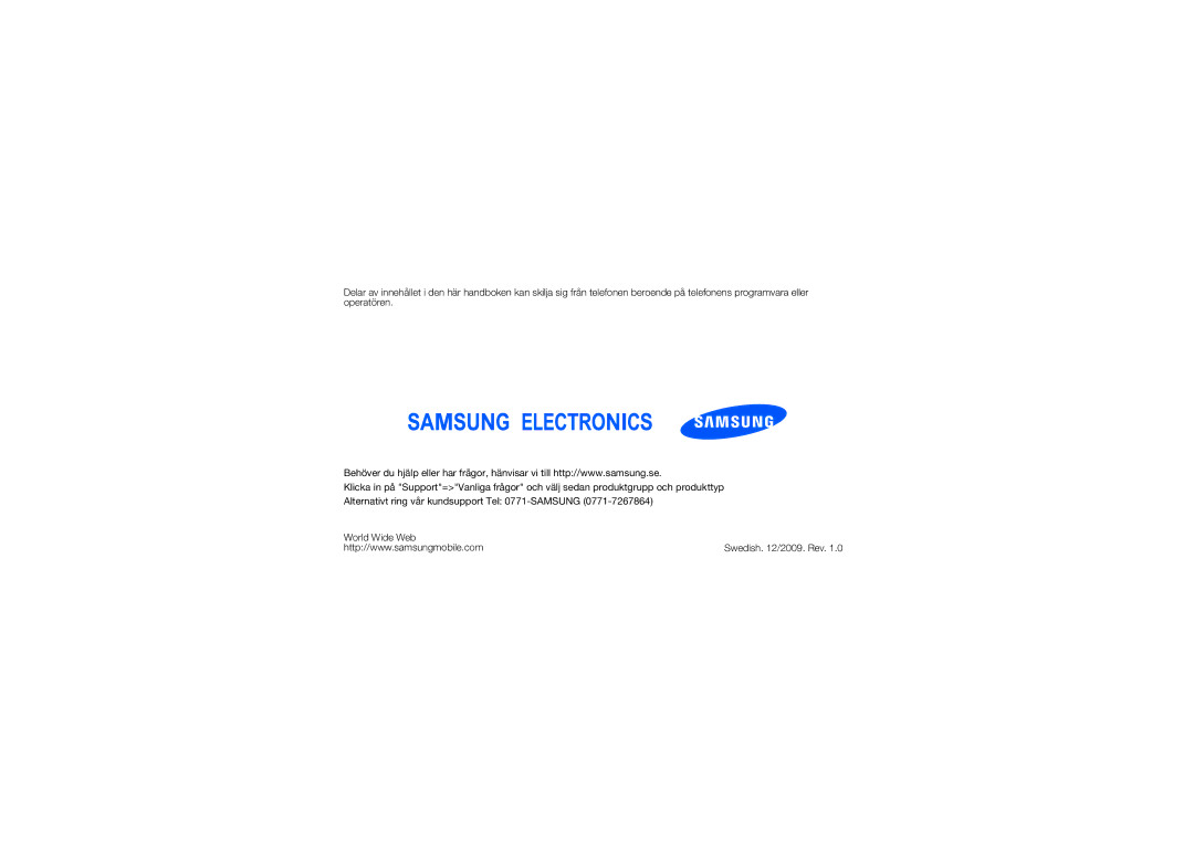 Samsung GT-S7550EBAXEE manual Swedish /2009. Rev 