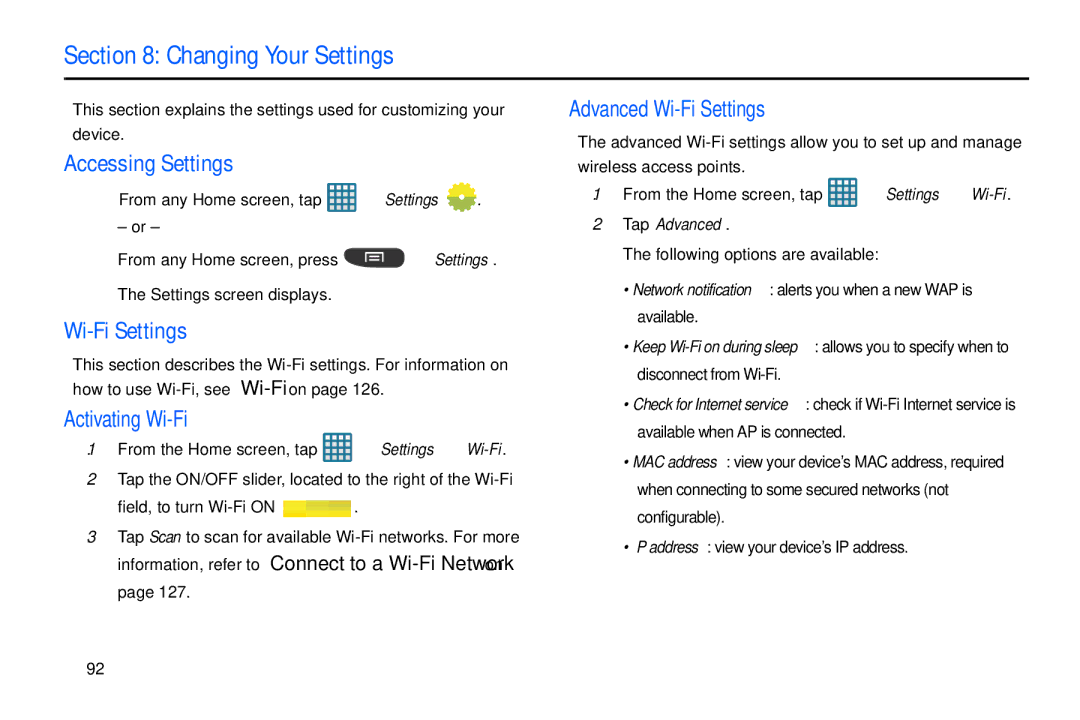 Samsung GT-S7560M user manual Changing Your Settings, Accessing Settings, Activating Wi-Fi, Advanced Wi-Fi Settings 