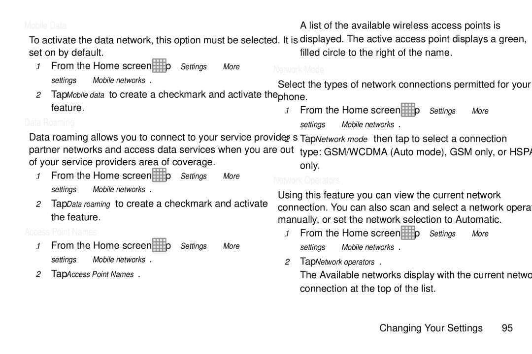 Samsung GT-S7560M user manual Mobile Data, Data Roaming, Access Point Names, Network Mode, Network Operators 