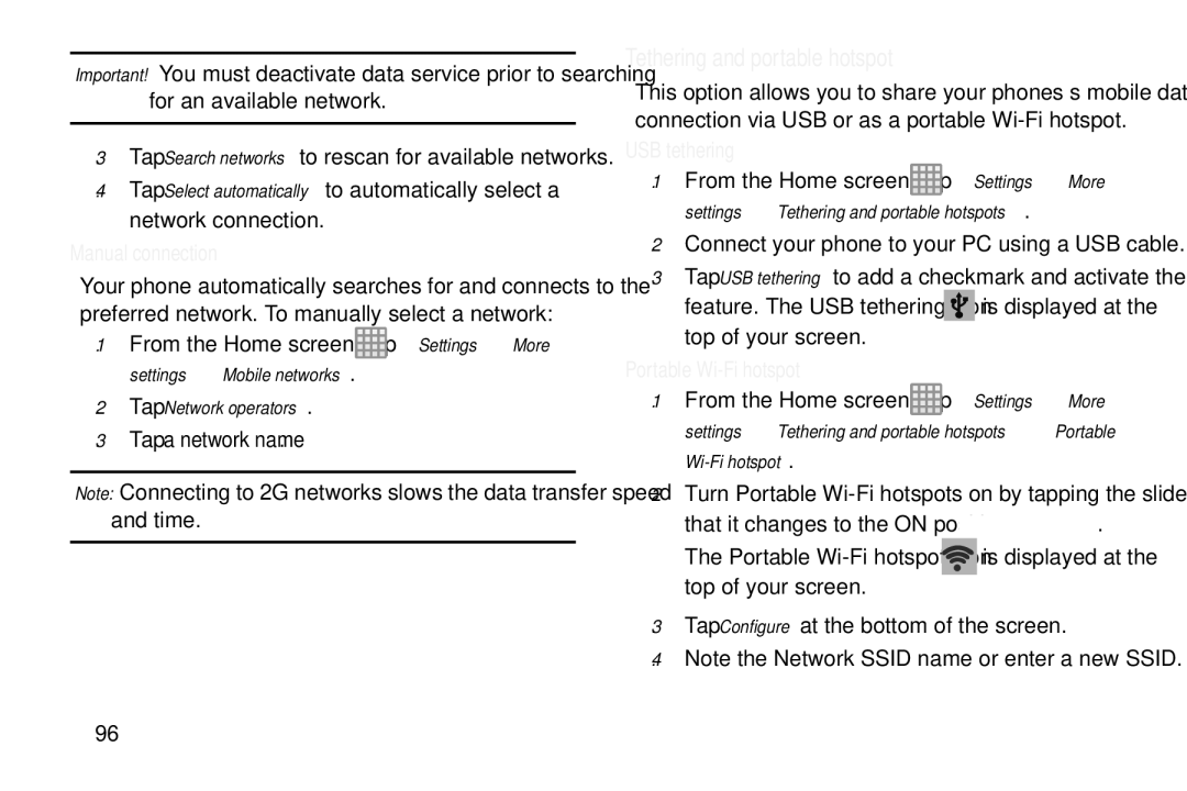 Samsung GT-S7560M user manual Tethering and portable hotspot, Manual connection, Tap a network name, USB tethering 