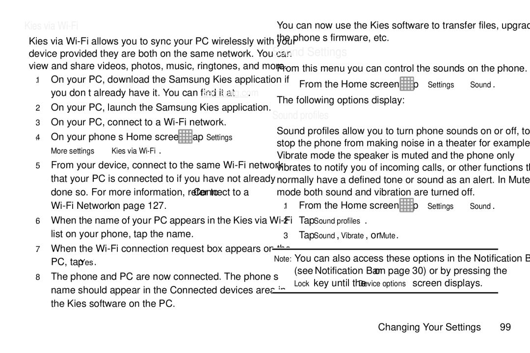 Samsung GT-S7560M user manual Sound Settings, Kies via Wi-Fi, Sound profiles, From the Home screen, tap Settings Sound 