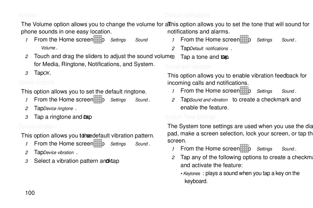 Samsung GT-S7560M user manual Volume, Device ringtone, Device vibration, Default notifications, Sound and vibration 