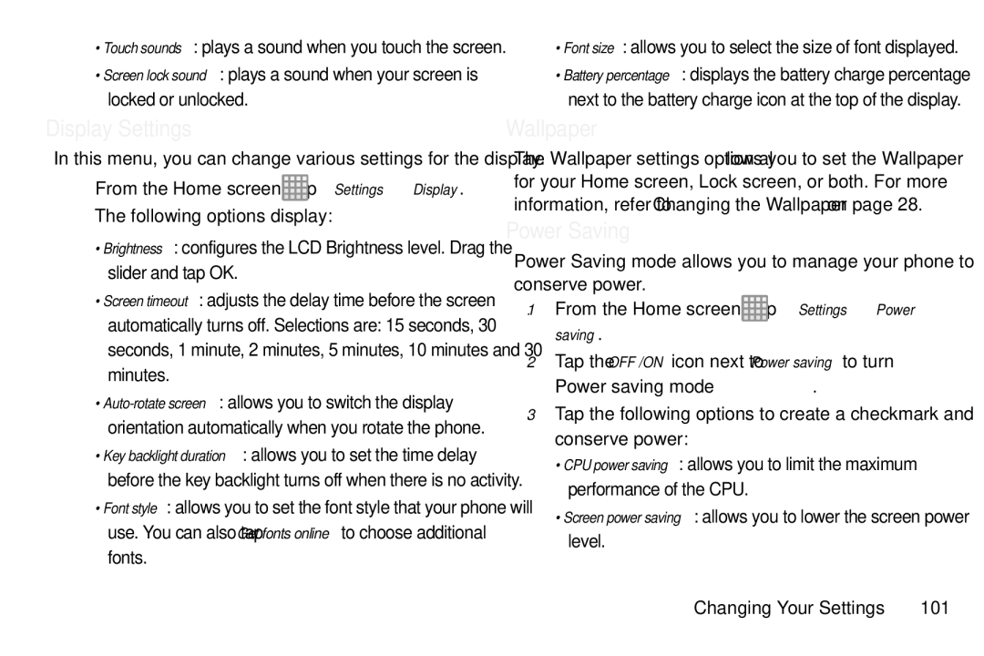 Samsung GT-S7560M user manual Display Settings, Wallpaper, Power Saving 