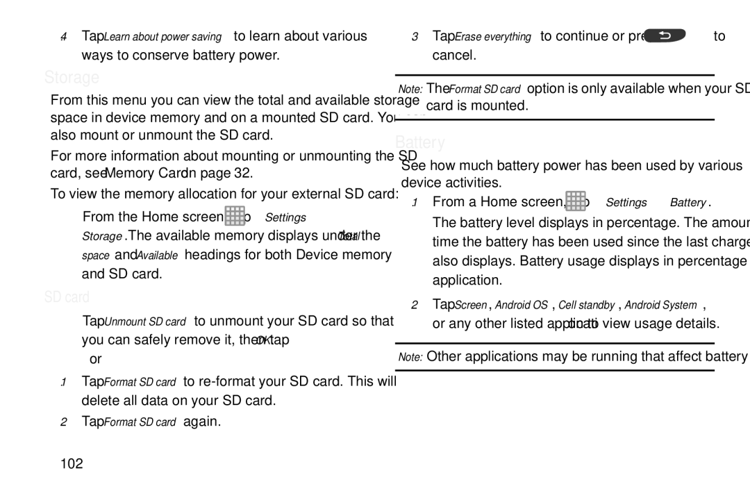 Samsung GT-S7560M user manual Storage, Battery, Tap Format SD card again 