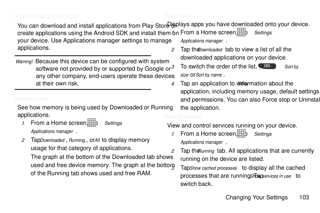 Samsung GT-S7560M user manual Applications manager, Memory Usage, Downloaded, Running Services 