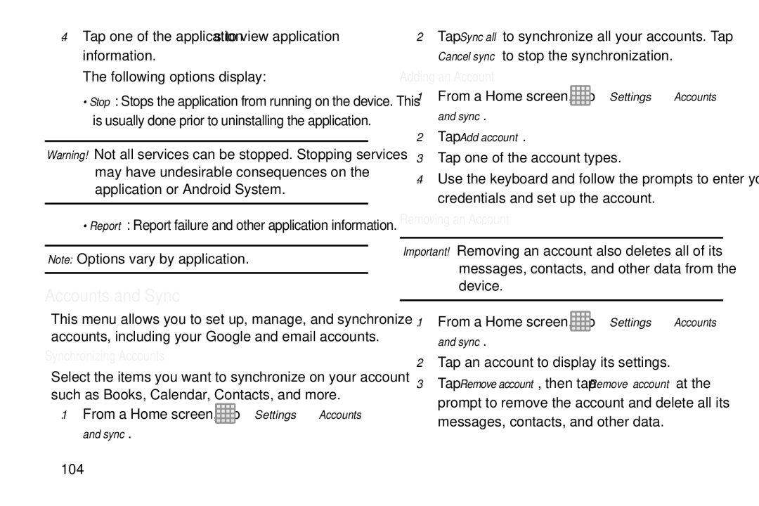 Samsung GT-S7560M user manual Accounts and Sync, Synchronizing Accounts, Adding an Account, Removing an Account 