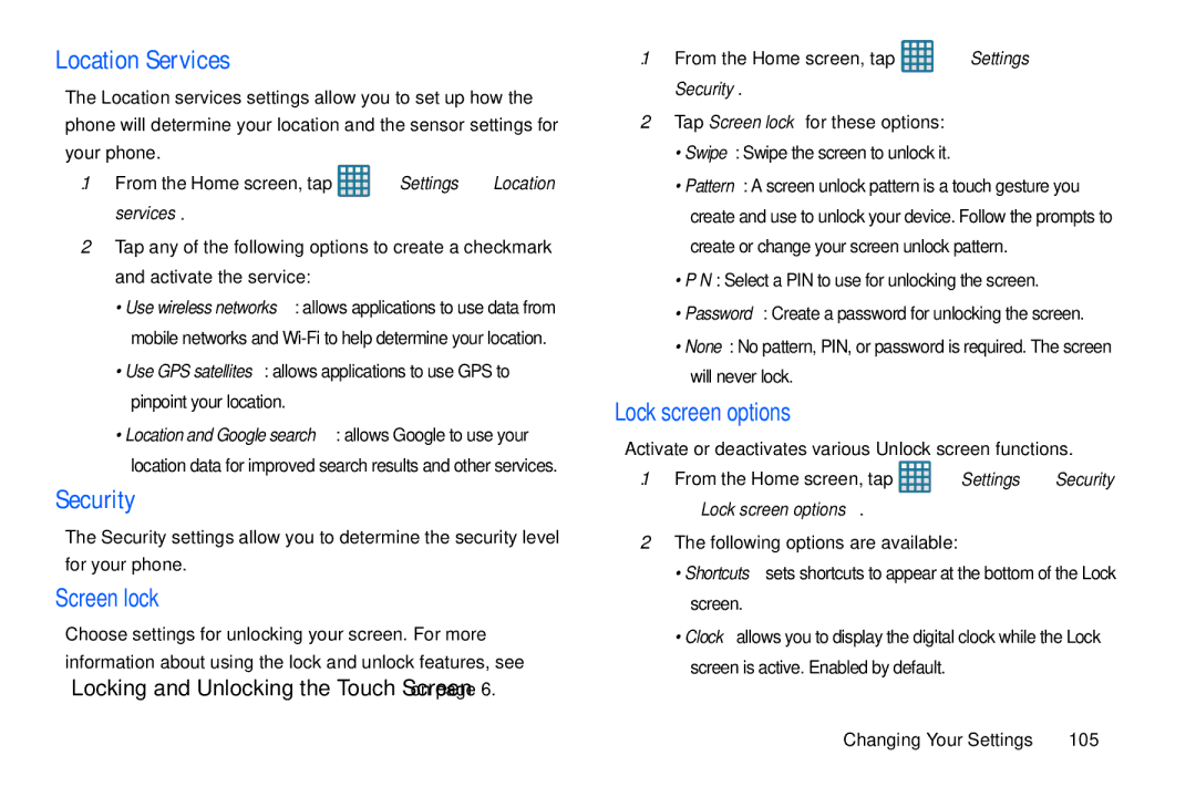 Samsung GT-S7560M user manual Location Services, Security, Screen lock, Lock screen options 