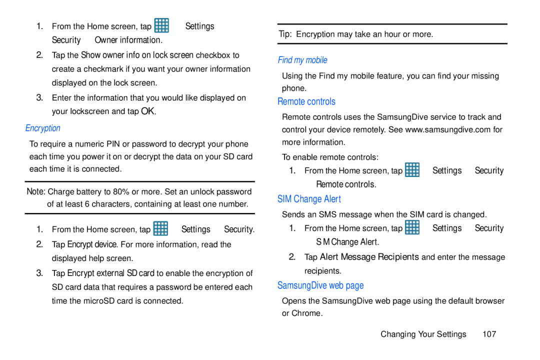 Samsung GT-S7560M user manual Encryption, Find my mobile, Remote controls, SIM Change Alert, SamsungDive web 