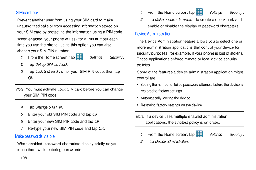 Samsung GT-S7560M user manual SIM card lock, Make passwords visible, Device Administration 