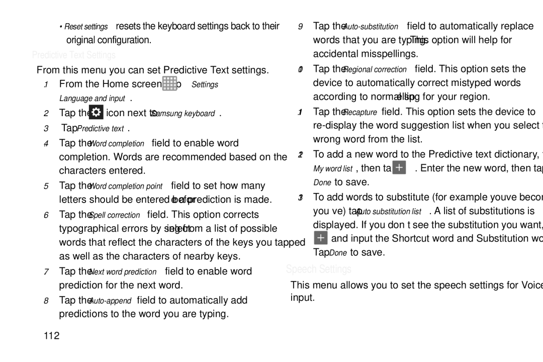 Samsung GT-S7560M user manual Speech Settings, Predictive Text Settings, Tap Predictive text 