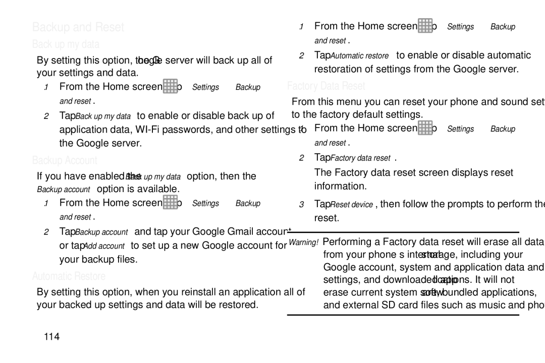 Samsung GT-S7560M user manual Backup and Reset, Back up my data, Backup Account, Automatic Restore, Factory Data Reset 