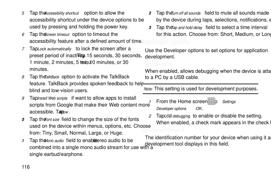 Samsung GT-S7560M user manual Developer Options, USB Debugging, Development Device ID 