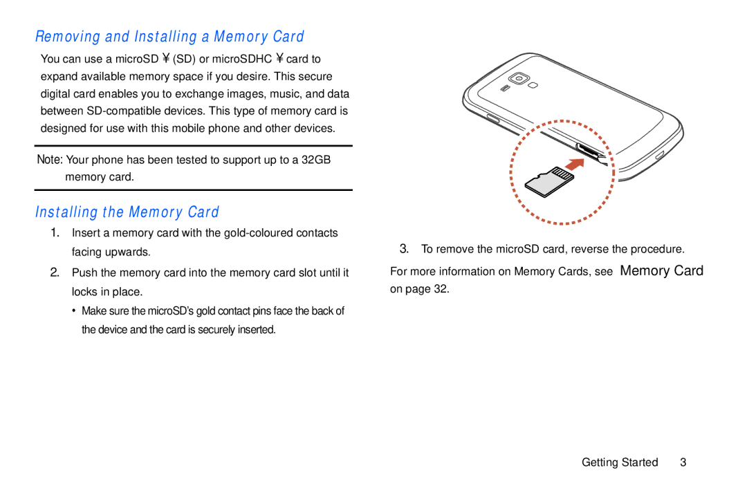 Samsung GT-S7560M user manual Removing and Installing a Memory Card, Installing the Memory Card 