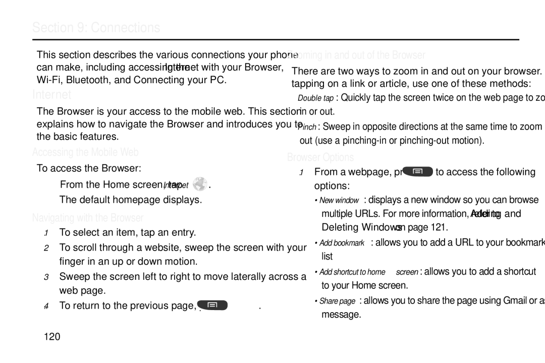 Samsung GT-S7560M user manual Connections, Internet 