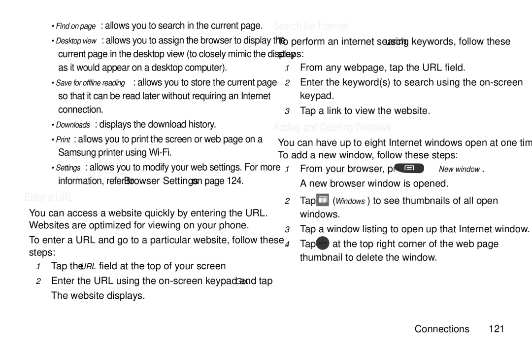 Samsung GT-S7560M user manual Enter a URL, Search the Internet, Adding and Deleting Windows 