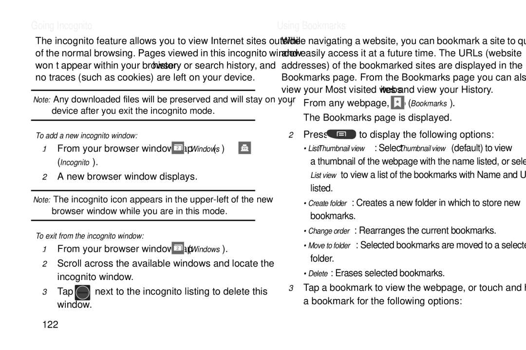 Samsung GT-S7560M Going Incognito, Using Bookmarks, To add a new incognito window, To exit from the incognito window 