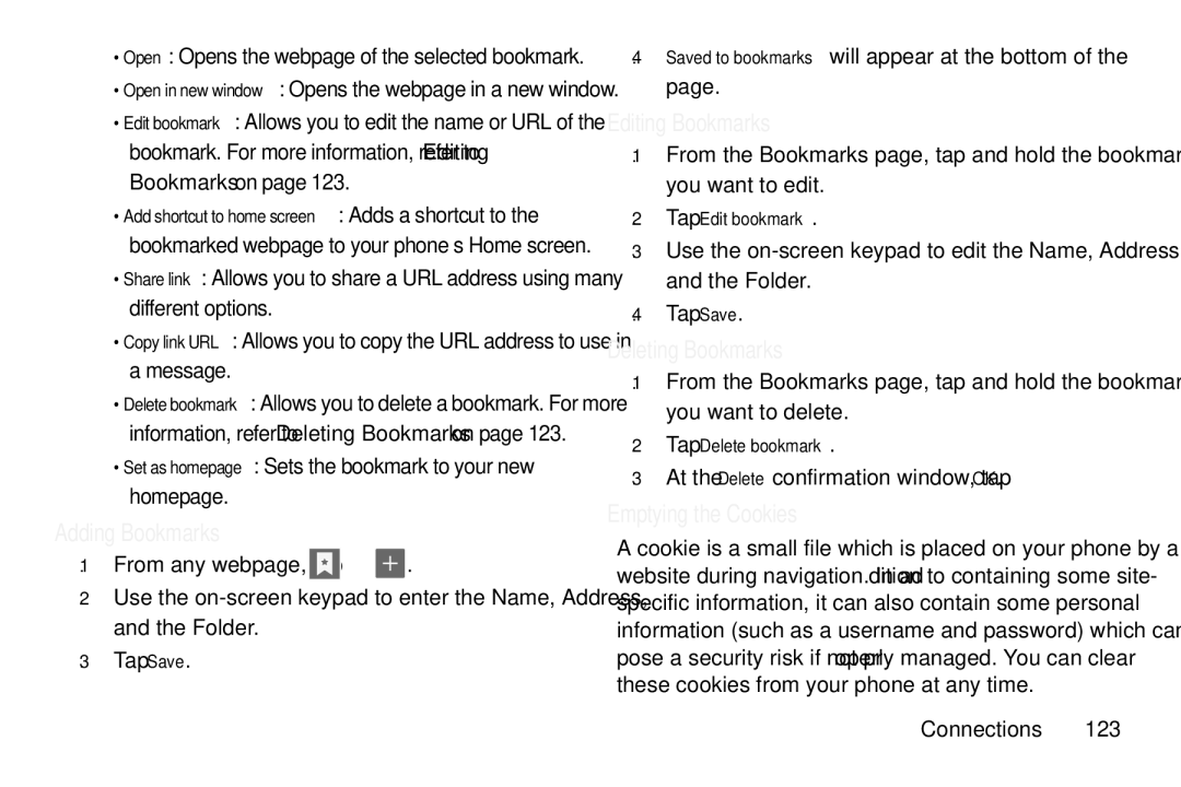 Samsung GT-S7560M user manual Adding Bookmarks, Editing Bookmarks, Deleting Bookmarks, Emptying the Cookies 