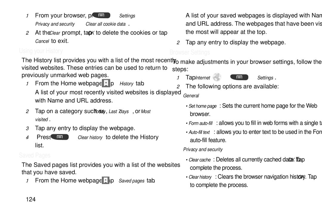 Samsung GT-S7560M user manual Using your History, Saved Pages, Browser Settings 