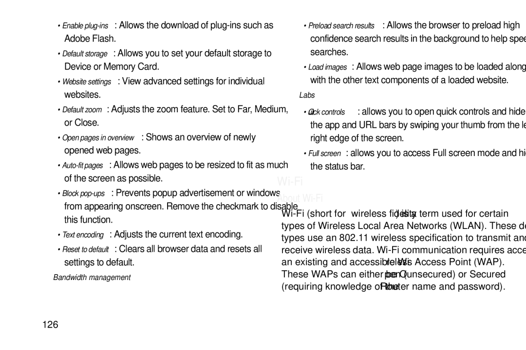 Samsung GT-S7560M user manual About Wi-Fi, Bandwidth management, Labs, 126 