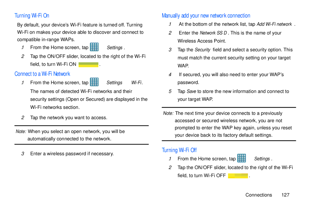 Samsung GT-S7560M user manual Turning Wi-Fi On, Connect to a Wi-Fi Network, Turning Wi-Fi Off 