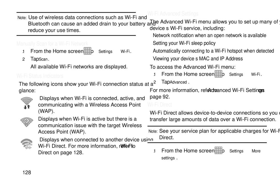 Samsung GT-S7560M user manual Manually Scan for a Wi-Fi Network, Wi-Fi Status Indicators, Wi-Fi Advanced Settings 