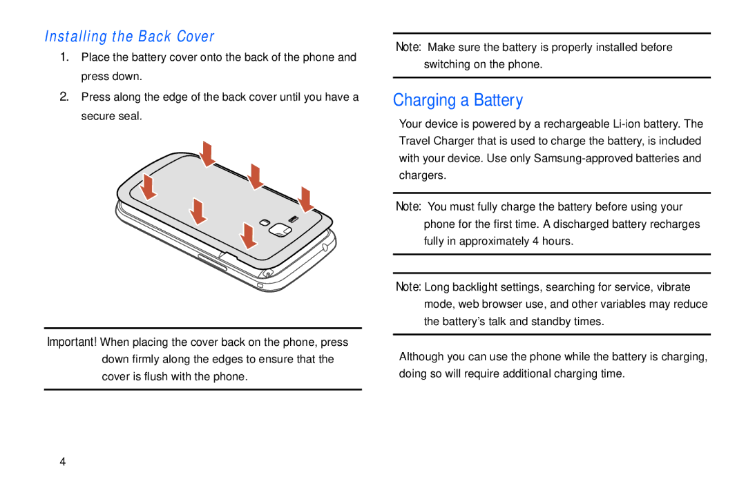 Samsung GT-S7560M user manual Charging a Battery, Installing the Back Cover 