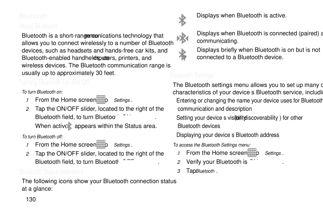 Samsung GT-S7560M About Bluetooth, Turning Bluetooth On and Off, Bluetooth Status Indicators, Bluetooth Settings 