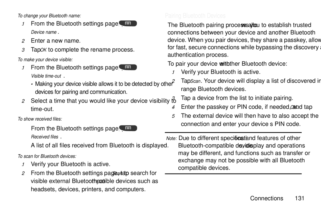 Samsung GT-S7560M user manual Pairing Bluetooth Devices, To change your Bluetooth name, To make your device visible 