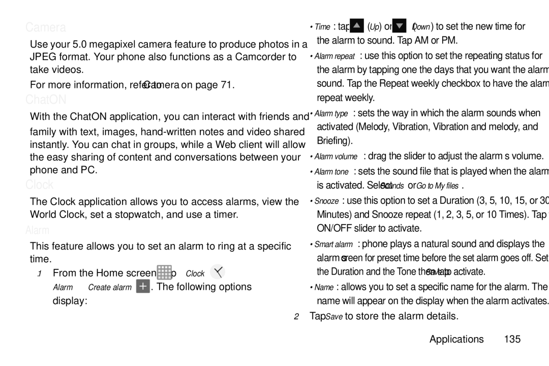 Samsung GT-S7560M user manual ChatON, Clock, Alarm, Tap Save to store the alarm details Applications 