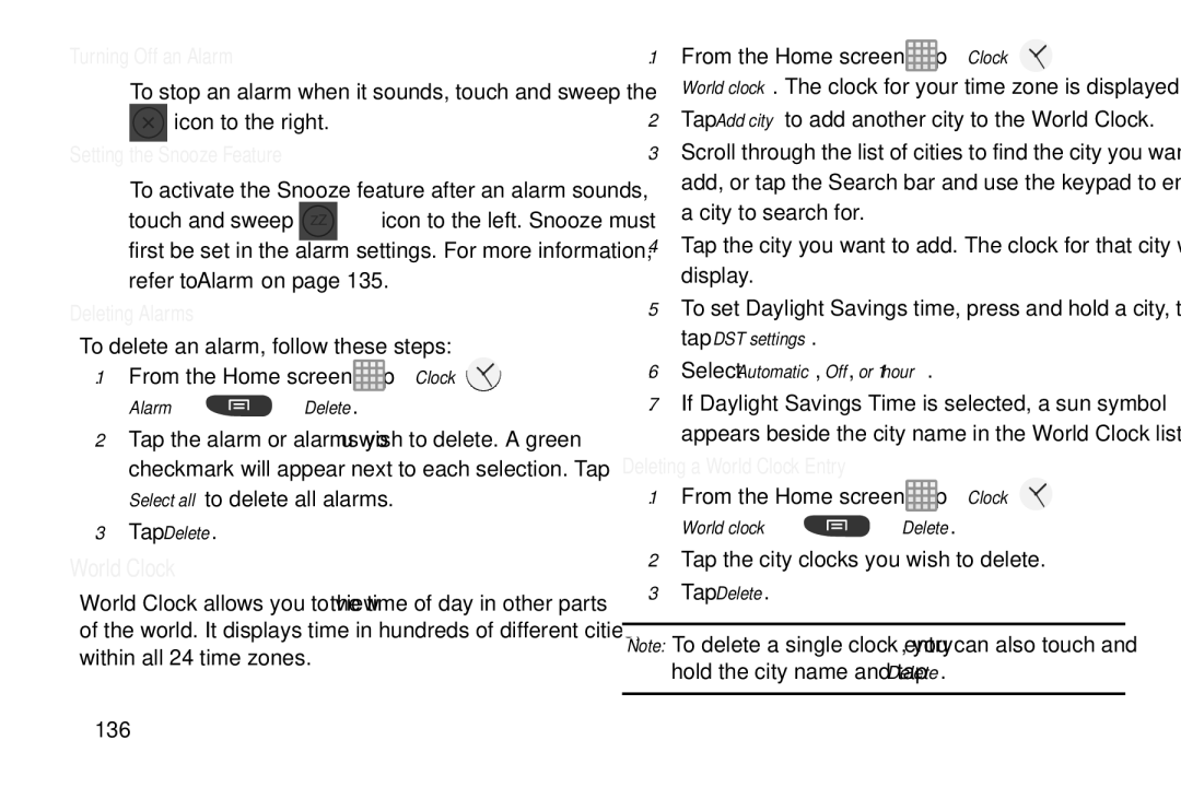 Samsung GT-S7560M user manual World Clock, Turning Off an Alarm, Setting the Snooze Feature, Deleting Alarms 