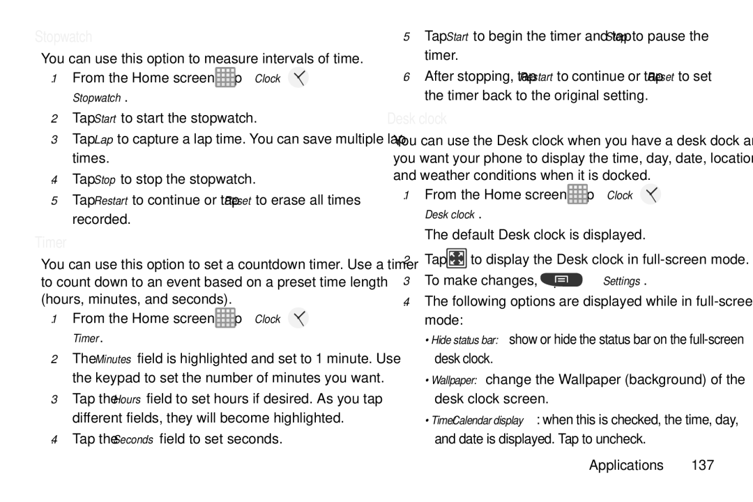 Samsung GT-S7560M user manual Stopwatch, Timer, Desk clock 