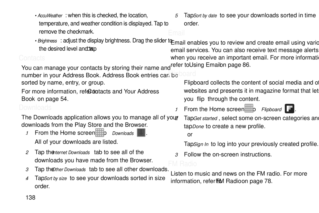 Samsung GT-S7560M user manual Contacts, Downloads, Flipboard 