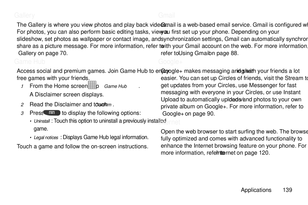 Samsung GT-S7560M user manual Game Hub, Gmail 