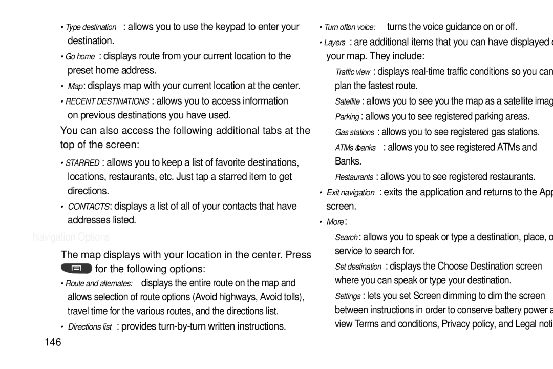 Samsung GT-S7560M user manual Navigation Options, Parking allows you to see registered parking areas, More, 146 
