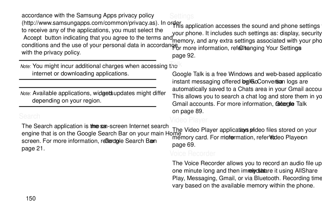 Samsung GT-S7560M user manual Search, Settings, Talk, Voice Recorder, 150 