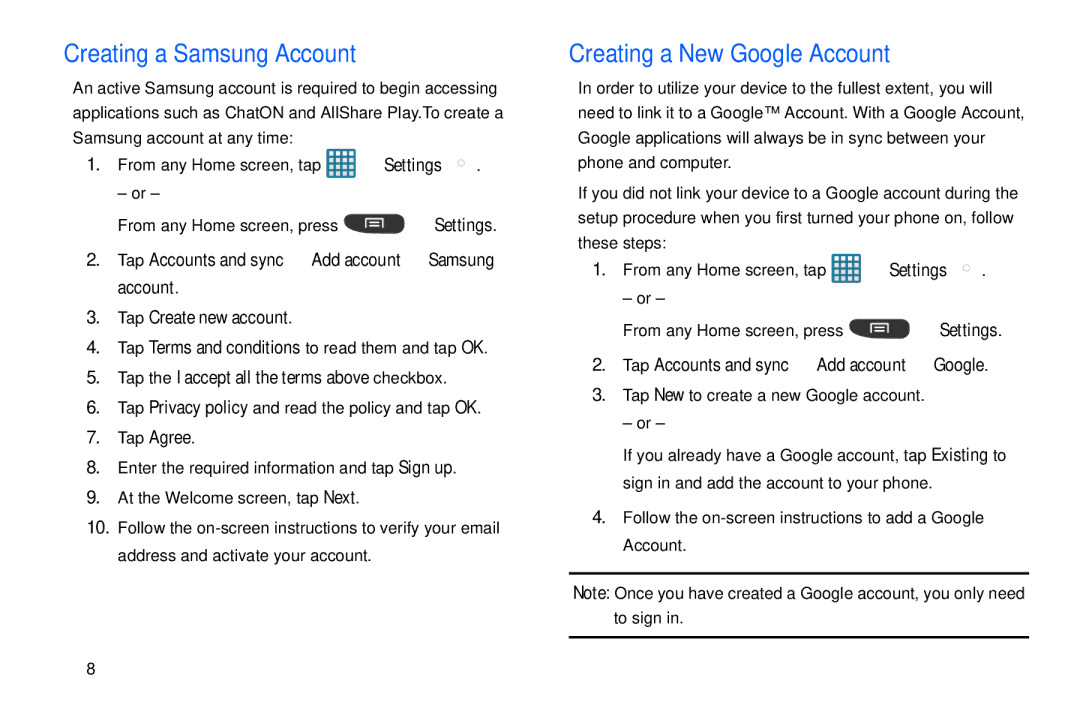 Samsung GT-S7560M Creating a Samsung Account, Creating a New Google Account, Tap the I accept all the terms above checkbox 