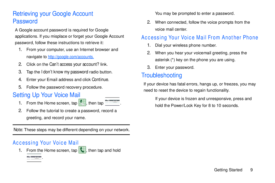 Samsung GT-S7560M user manual Retrieving your Google Account Password, Setting Up Your Voice Mail, Troubleshooting 