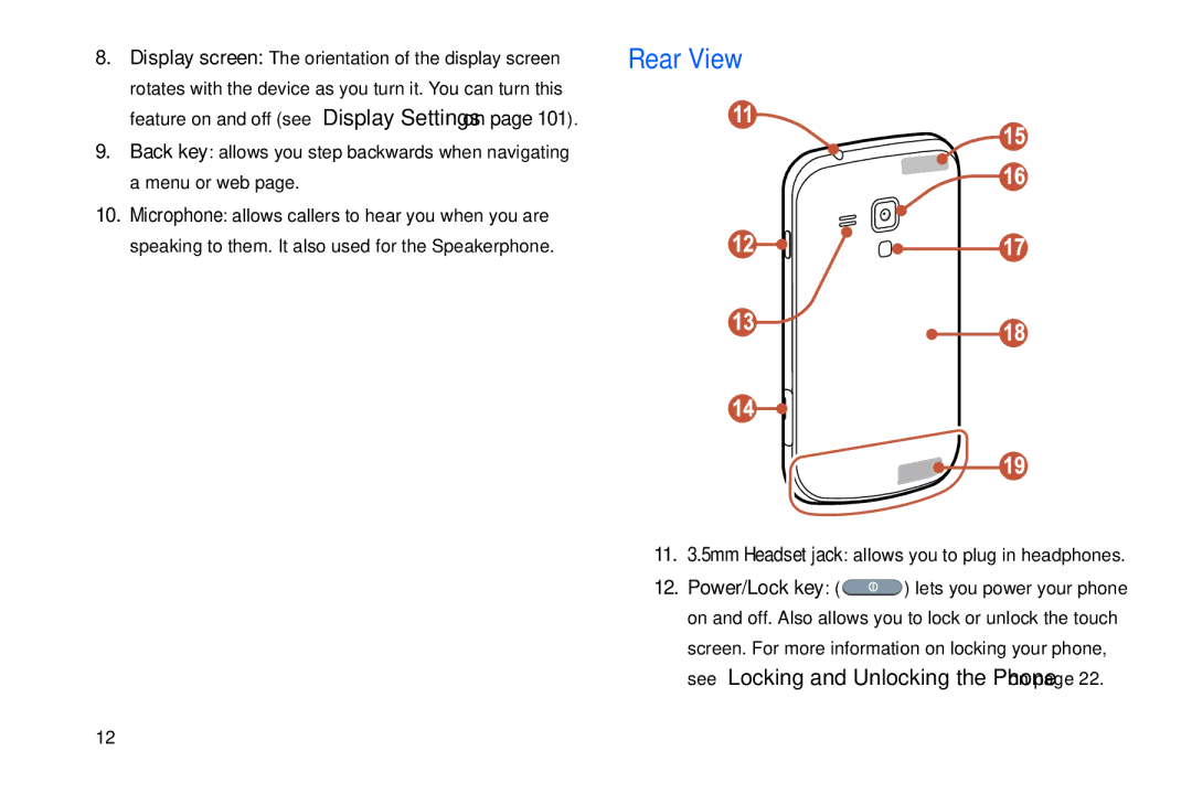 Samsung GT-S7560M user manual Rear View, 11 .5mm Headset jack allows you to plug in headphones 