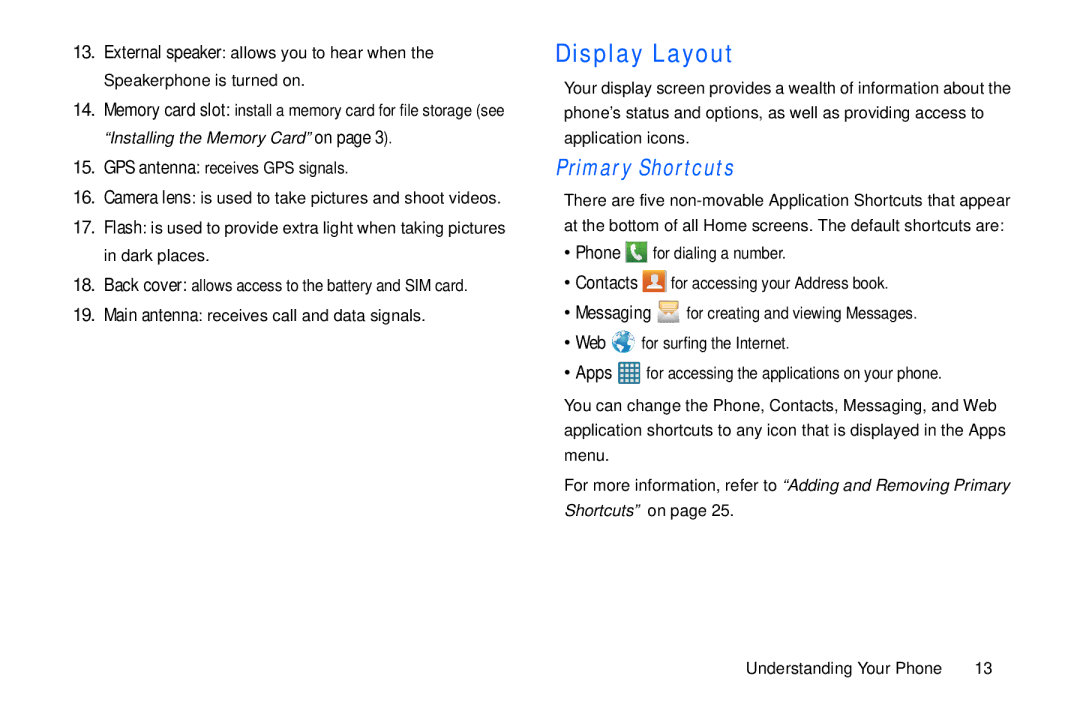 Samsung GT-S7560M user manual Display Layout, Primary Shortcuts 