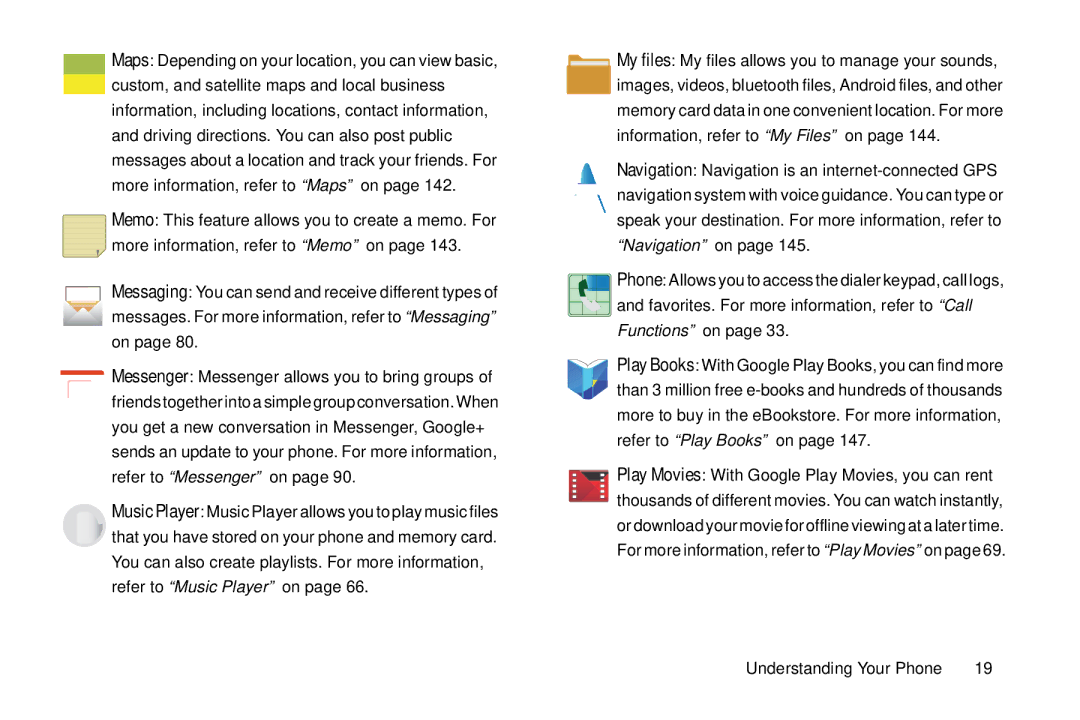 Samsung GT-S7560M user manual Information, refer to My Files on, Navigation on 