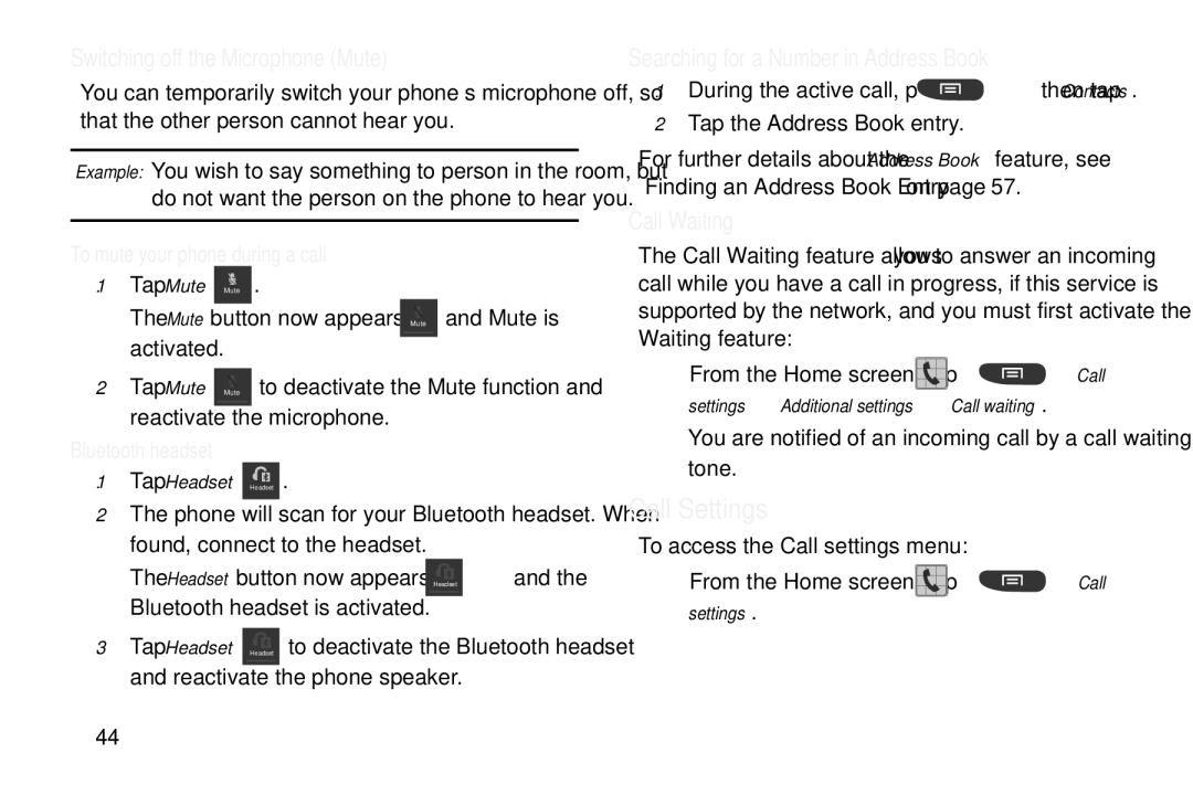 Samsung GT-S7560M Call Settings, Switching off the Microphone Mute, Searching for a Number in Address Book, Call Waiting 